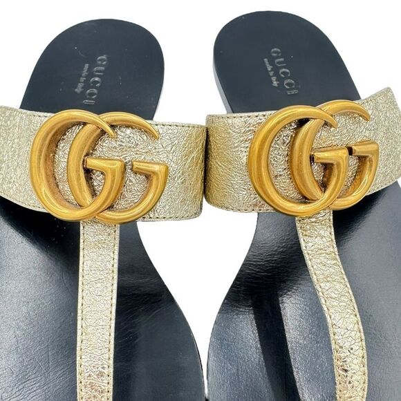 Gucci GG Marmont Gold Crinkle Leather Thong Sandals Size 7 - Picture 6 of 12